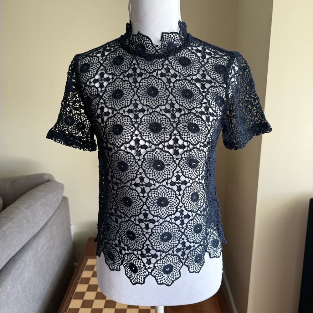 TopShop Women's Blue Floral Lace Blouse
